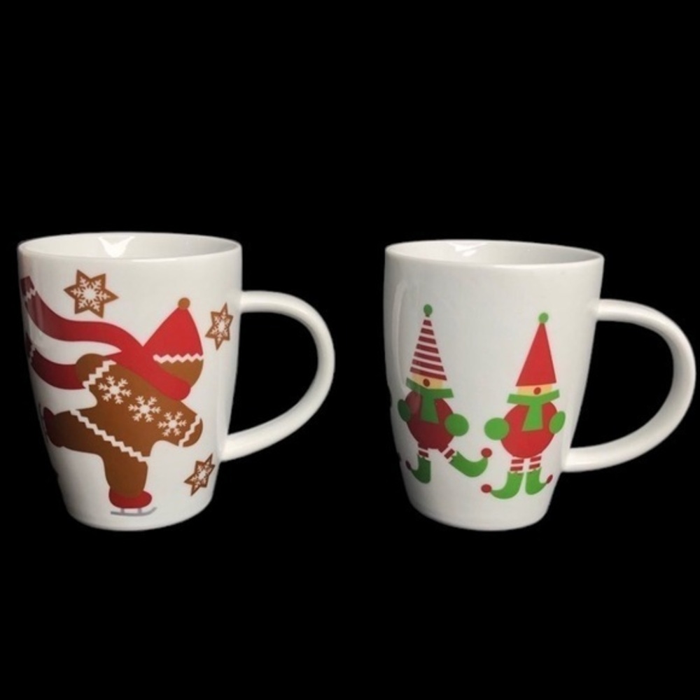 2 Crate & Barrel Skating Gingerbread Boy + Jingle Elves Christmas Mugs in EUC